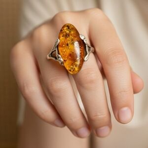 Vintage Amber and Sterling Silver Ring Size 5.5!